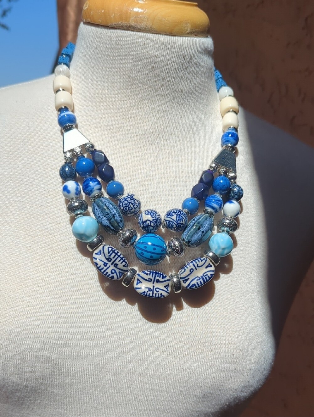 Chico's Multi-Strand Blue and White Beaded Statement Necklace